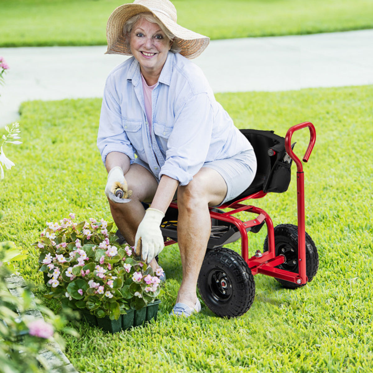 Cushioned Rolling Garden Cart with Swivel Seat