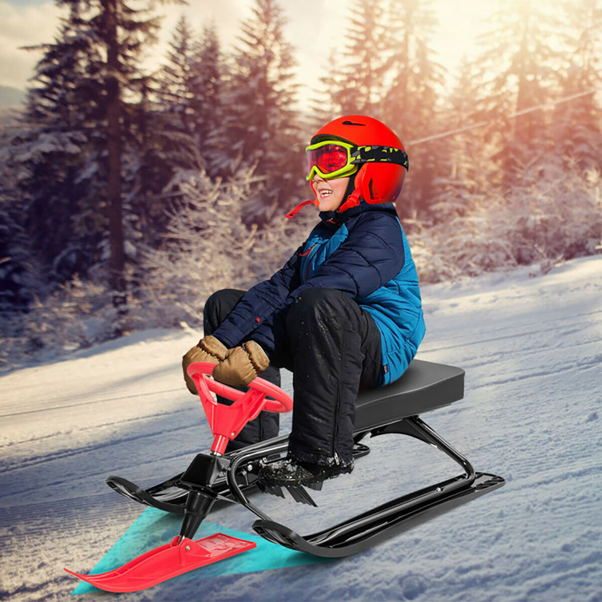 Kids Snow Sand Grass Sled with Steering Wheel and Brakes