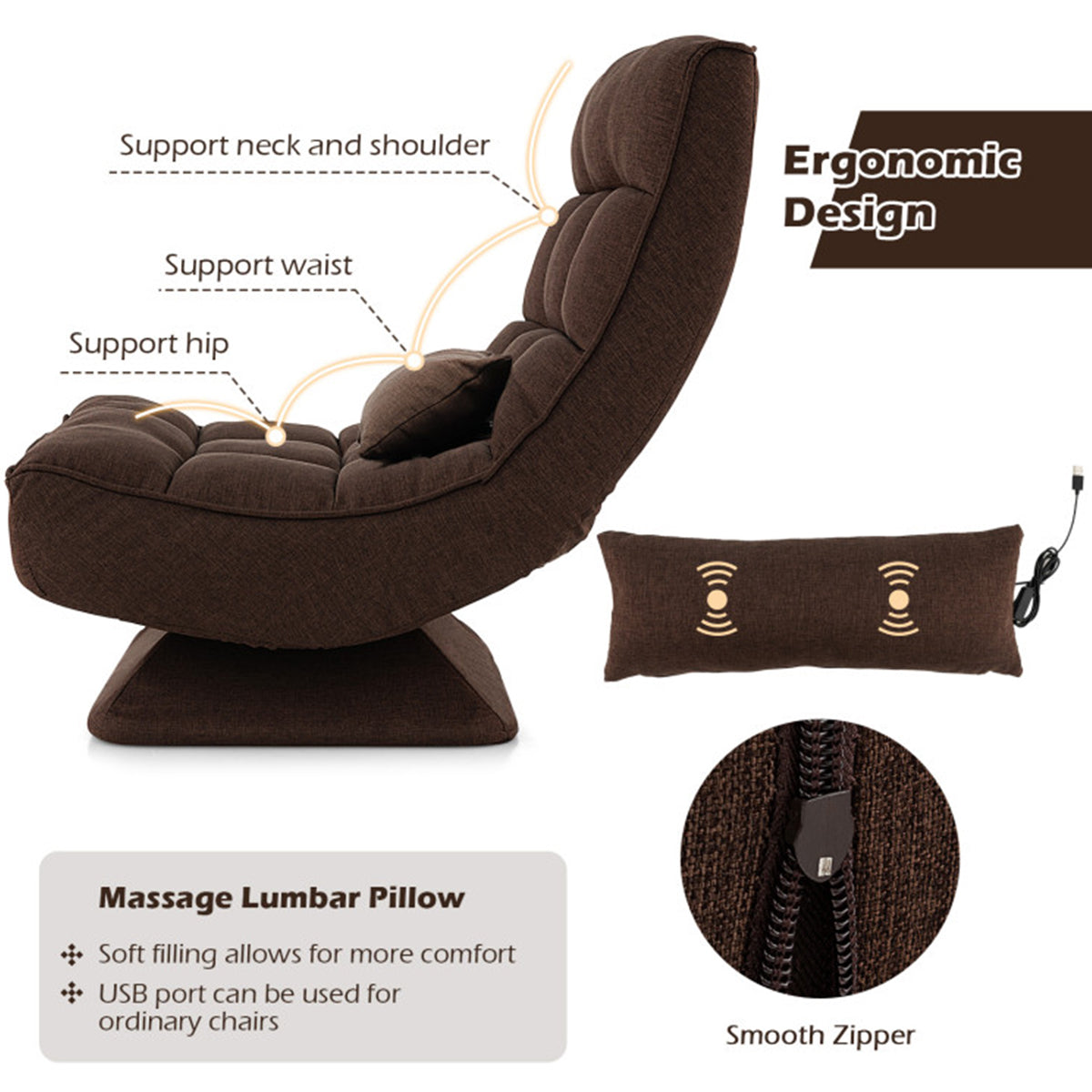 Adjustable 360° Swivel Floor Chair with Massage Pillow - image 3