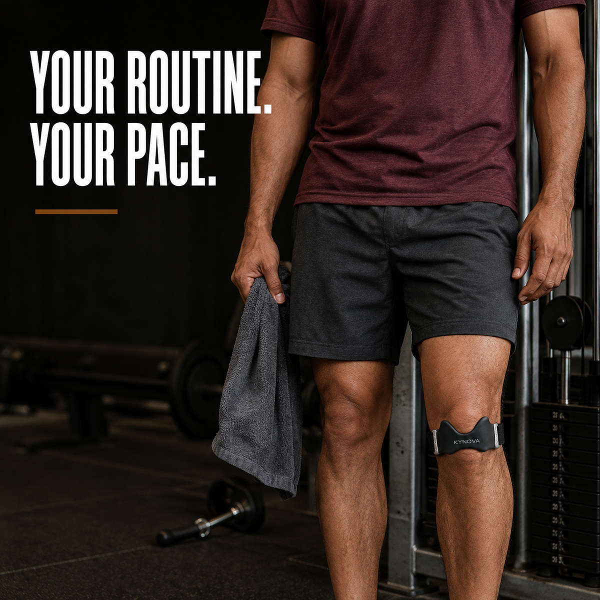 Man wearing the Kynova knee strap in a gym