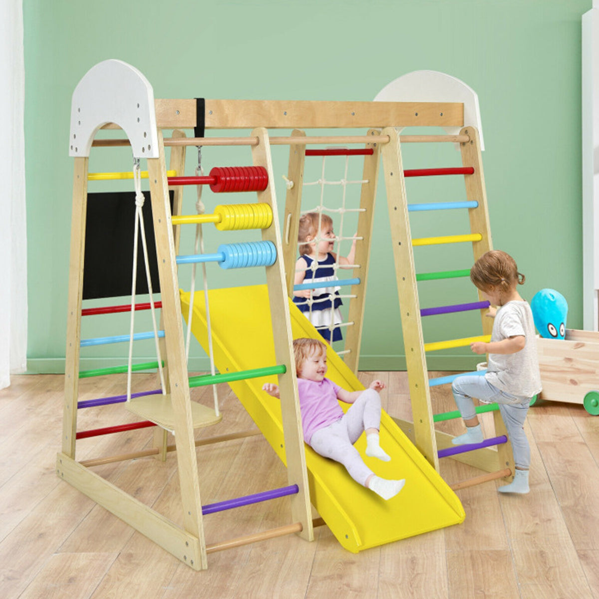 8-in-1 Wooden Climber Play Set with Slide and Swing