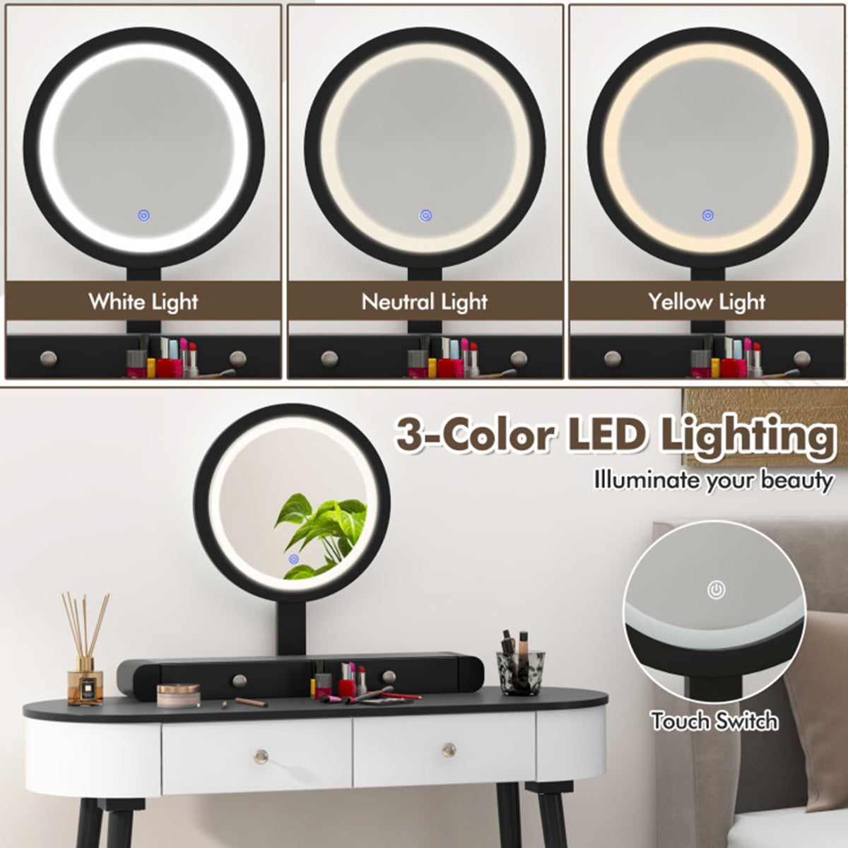 Makeup Vanity Table Set with Stool and LED Mirror - image 3
