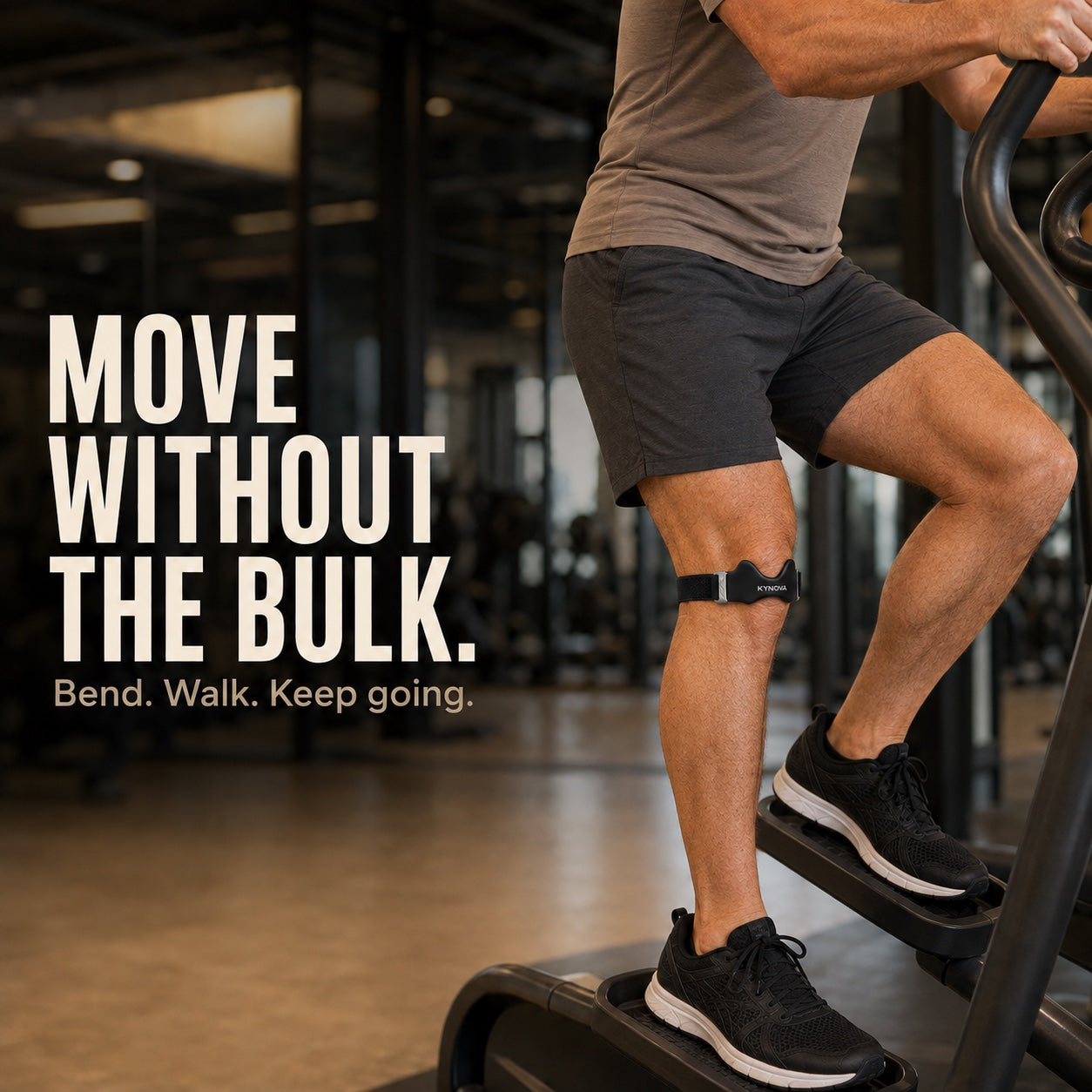 Man exercising with a compact Kynova strap below the kneecap
