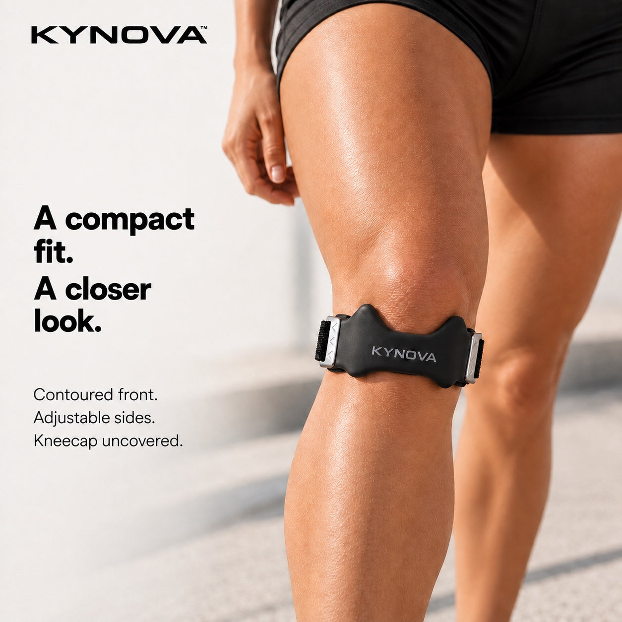 Close-up of a woman wearing the Kynova strap at the base of the kneecap